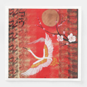 Japanese crane sun Japan sakura red painting Napkin