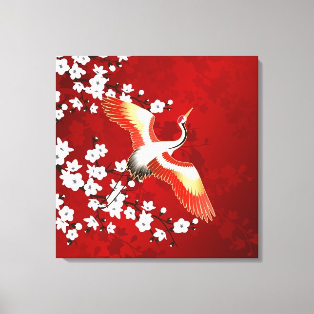Japanese Crane White Cherry Blossom Red Canvas Print (Front)