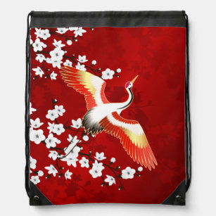Japanese Crane White Cherry Blossom Red Drawstring Bag