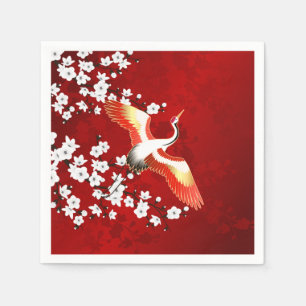 Japanese Crane White Cherry Blossom Red Napkin