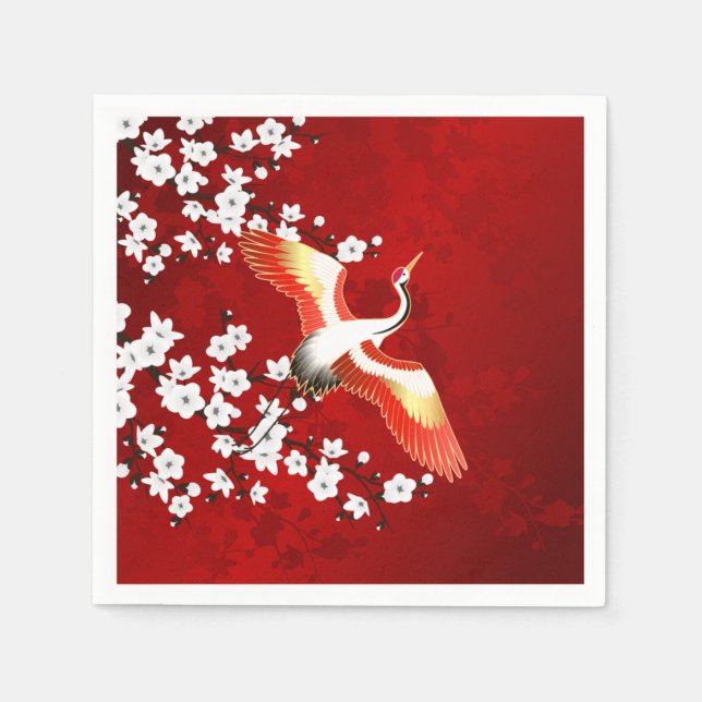 Japanese Crane White Cherry Blossom Red Napkin (Front)