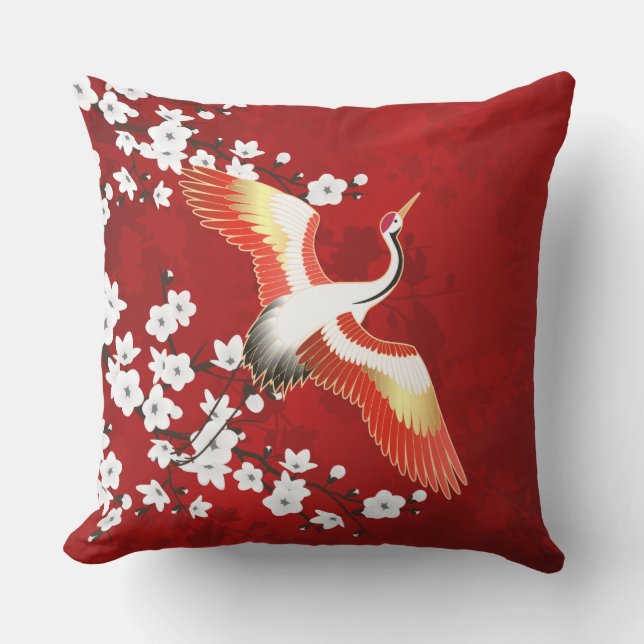 Japanese Crane White Cherry Blossom Red Outdoor Pillow (Front)