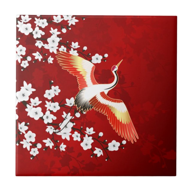 Japanese Crane White Cherry Blossom Red Tile (Front)