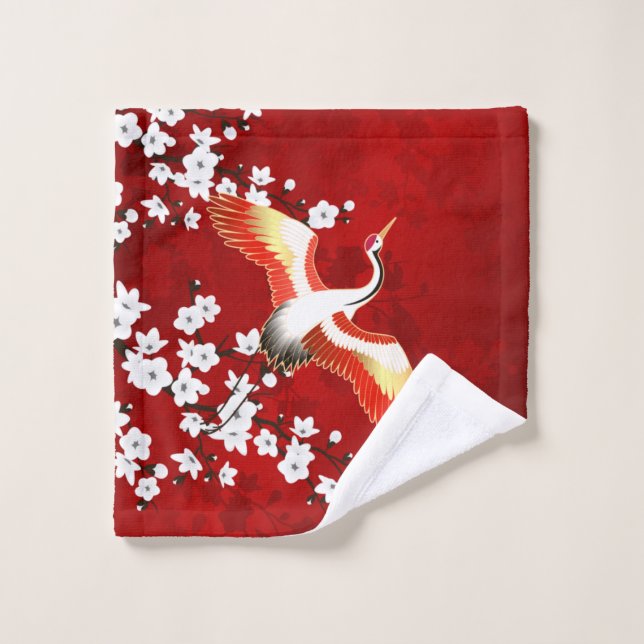 Japanese Crane White Cherry Blossom Red Wash Cloth (Wash Cloth)