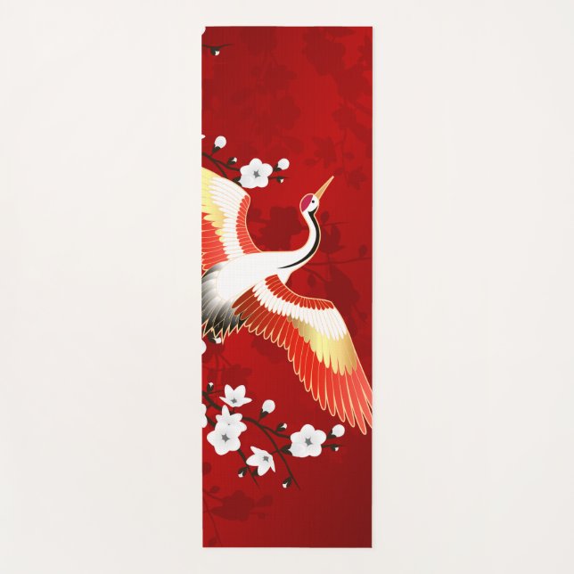 Japanese Crane White Cherry Blossom Red Yoga Mat (Front)