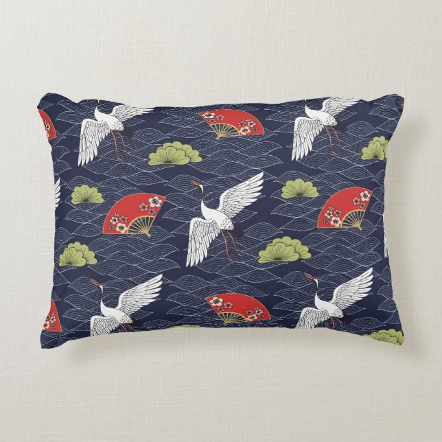 Japanese Cranes and Fans: Vintage Pattern Accent Pillow (Front)