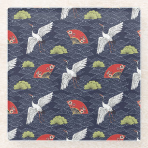 Japanese Cranes and Fans: Vintage Pattern Glass Coaster