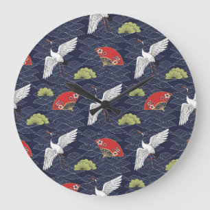 Japanese Cranes and Fans: Vintage Pattern Large Clock