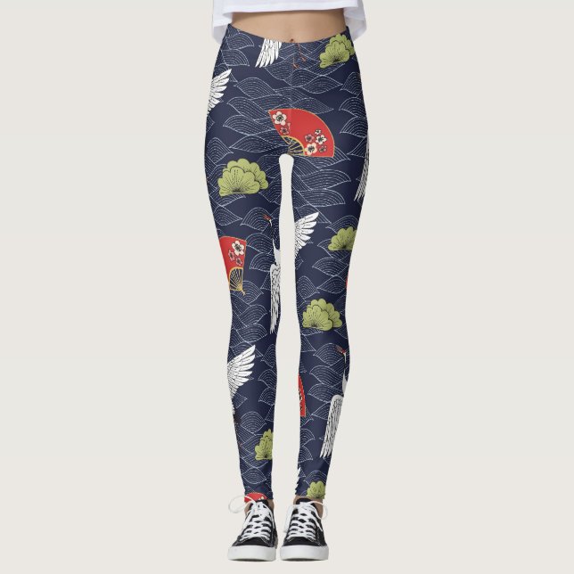 Japanese Cranes and Fans: Vintage Pattern Leggings (Front)