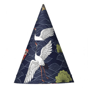 Japanese Cranes and Fans: Vintage Pattern Party Hat