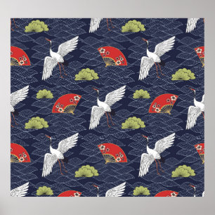 Japanese Cranes and Fans: Vintage Pattern Poster