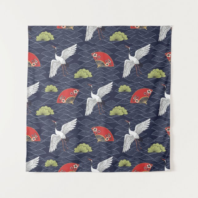 Japanese Cranes and Fans: Vintage Pattern Tapestry (Front)
