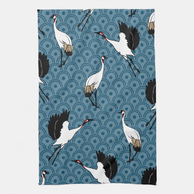Japanese Cranes & Blue Kitchen Towel (Vertical)