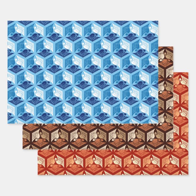 Japanese Cranes, Blue & White, Brown, Orange Wrapping Paper Sheet (Set)