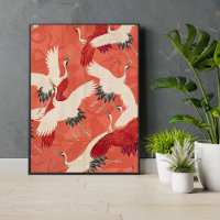 Japanese Cranes Burnt Orange Kimono Fabric Art