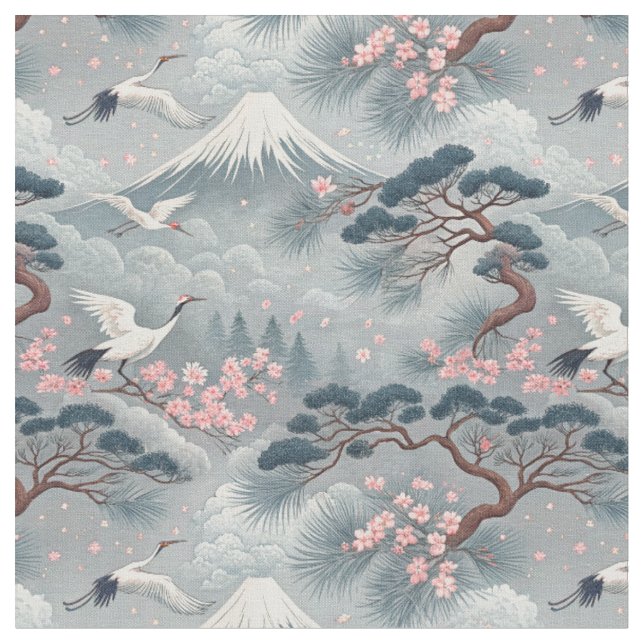 Japanese Cranes & Cherry Blossom Mt Fuji Pattern Fabric (Close Up)