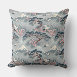 Japanese Cranes & Cherry Blossom Mt Fuji Pattern Throw Pillow