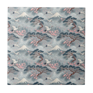 Japanese Cranes & Cherry Blossom Mt Fuji Pattern Tile