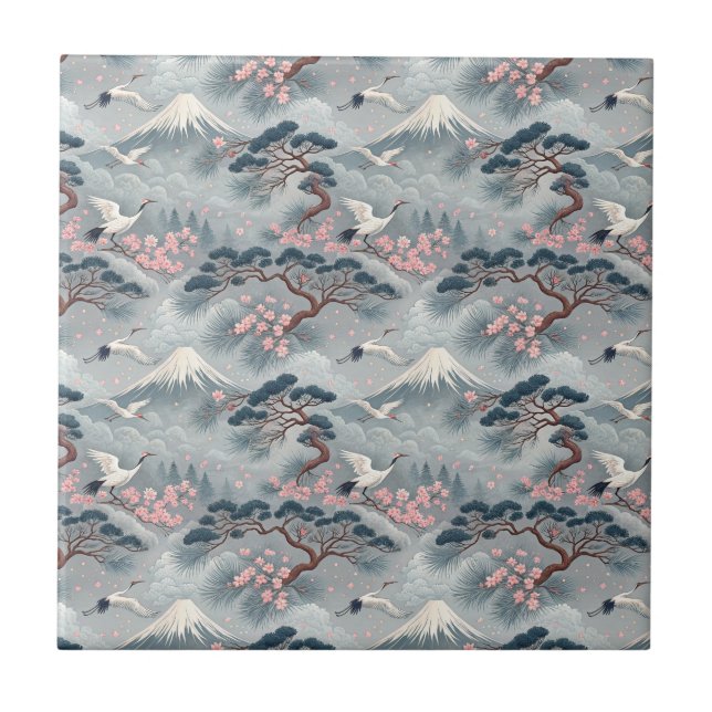 Japanese Cranes & Cherry Blossom Mt Fuji Pattern Tile (Front)