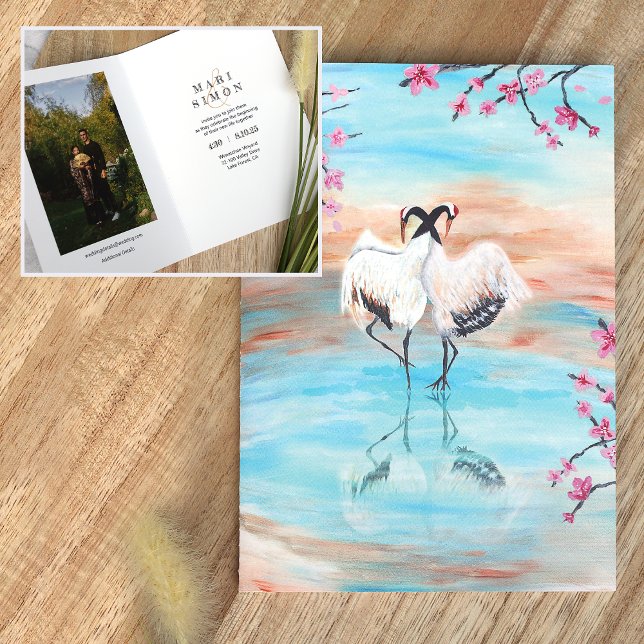 Japanese Cranes, Cherry Blossom Sakura Wedding Invitation (Asian cranes, cherry blossoms, sakura Japanese wedding invitations, pink beige turquoise)