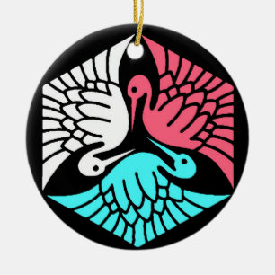 Japanese Cranes, Coral, Turquoise and Black Ceramic Ornament