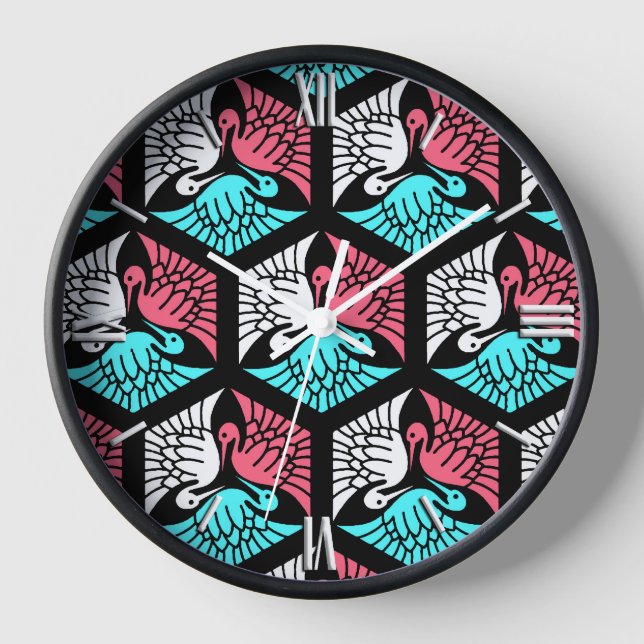Japanese Cranes, Coral, Turquoise and Black Clock (Front)