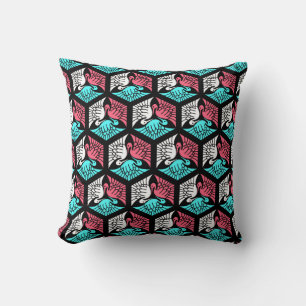 Japanese Cranes, Coral, Turquoise and Black Throw  Pillow
