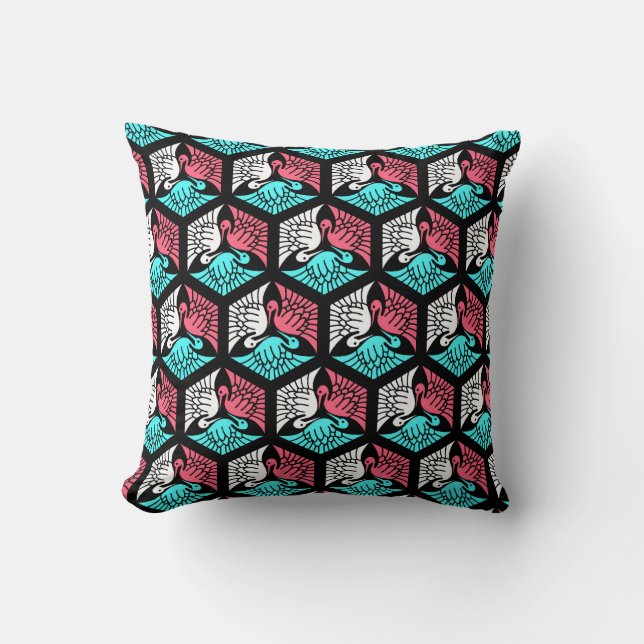 Japanese Cranes, Coral, Turquoise and Black Throw  Pillow (Front)