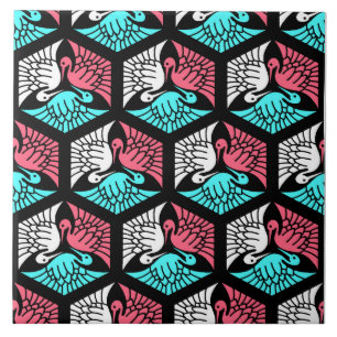 Japanese Cranes, Coral, Turquoise and Black Tile