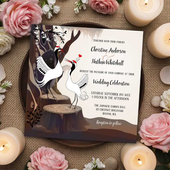 Japanese Cranes Forest Wedding Invitation (Whimsical wedding invitation featuring a drawing of two Japanese cranes in love in a rustic forest)