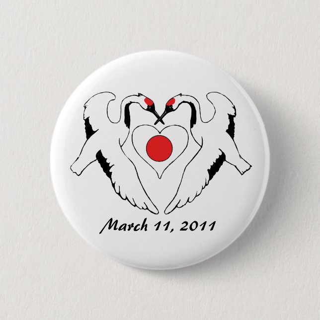 Japanese Cranes & Heart Flag Earthquake Relief 2 Inch Round Button (Front)