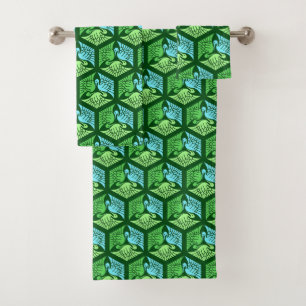 Japanese Cranes, Jade Green and Light Blue Bath Towel Set