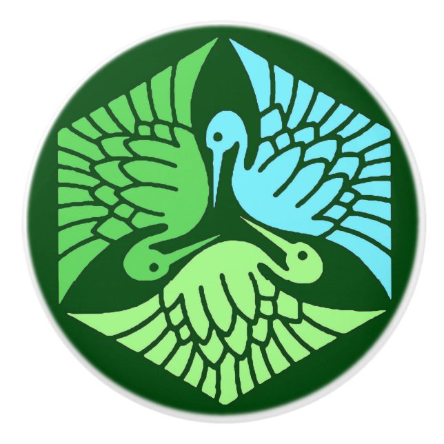 Japanese Cranes, Jade Green and Light Blue Ceramic Knob (Front)