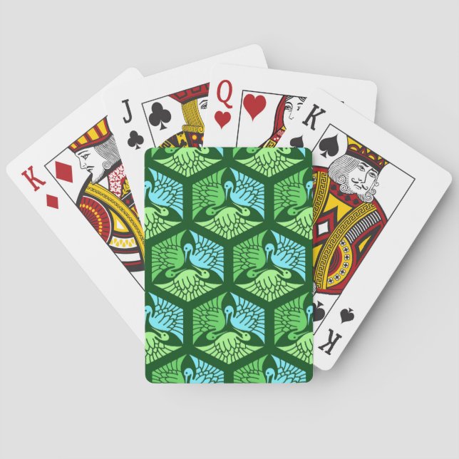 Japanese Cranes, Jade Green and Light Blue  Playing Cards (Back)