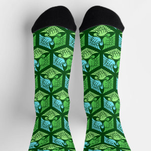 Japanese Cranes, Jade Green and Light Blue Socks