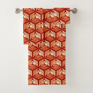 Japanese Cranes, Mandarin and Light Orange Bath Towel Set