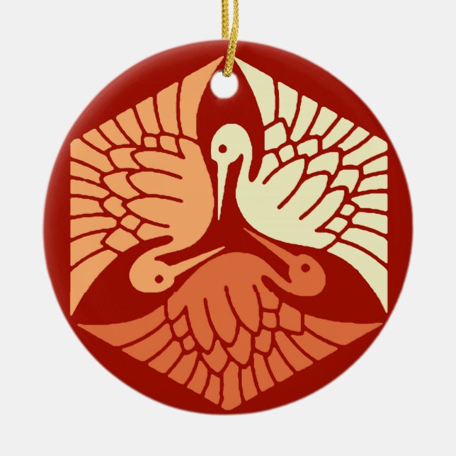 Japanese Cranes, Mandarin and Light Orange Ceramic Ornament (Front)