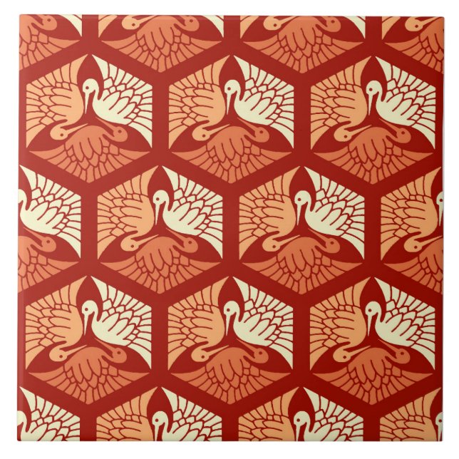 Japanese Cranes, Mandarin and Light Orange Tile (Front)