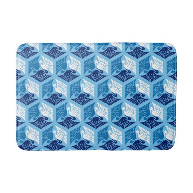 Japanese Cranes, Navy, White, and Light Blue Bath Mat (Front)