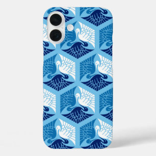 Japanese Cranes, Navy, White, and Light Blue iPhone 16 Plus Case
