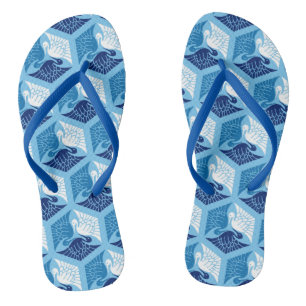 Japanese Cranes, Navy, White, and Light Blue Flip Flops