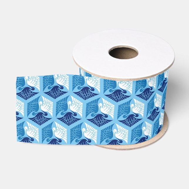 Japanese Cranes, Navy, White, and Light Blue  Grosgrain Ribbon (Spool)