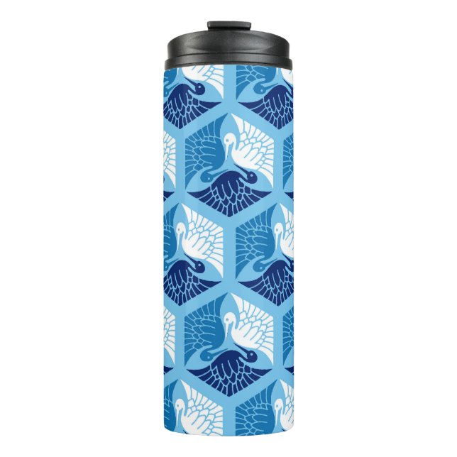 Japanese Cranes, Navy, White, and Light Blue Thermal Tumbler (Front)