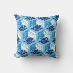 Japanese Cranes, Navy, White, and Light Blue Throw Pillow