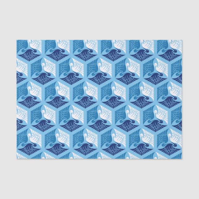 Japanese Cranes, Navy, White, and Light Blue Tissue Paper (Front)