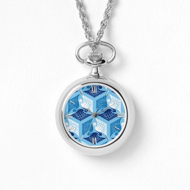 Japanese Cranes, Navy, White, and Light Blue Watch (Front)