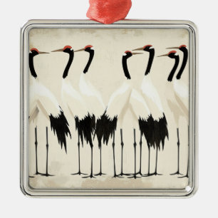 Japanese Cranes on Beige Metal Ornament