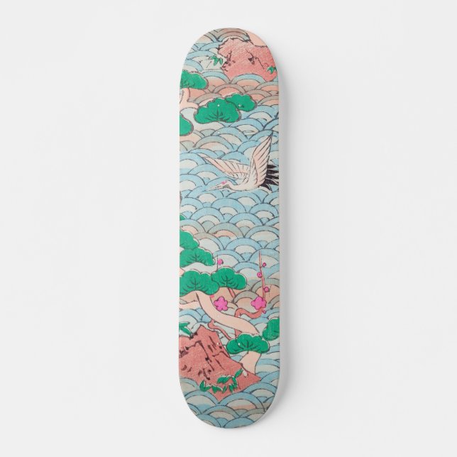 Japanese Cranes on Waves Vintage Pattern Skateboard (Front)