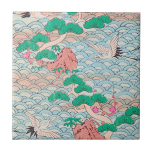 Japanese Cranes on Waves Vintage Pattern Tile