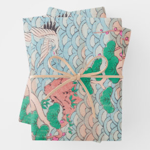 Japanese Cranes on Waves Vintage Pattern Wrapping Paper Sheet
